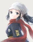  1girl akari_(pokemon) black_hair black_sash closed_mouth commentary_request from_side grey_background grey_eyes grey_jacket hatori_a head_scarf jacket logo long_hair looking_at_viewer pokemon pokemon_(game) pokemon_legends:_arceus red_scarf sash scarf sidelocks smile solo white_headwear 