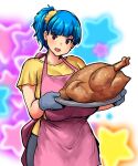  1girl apron black_pants blue_hair blush breasts cowboy_shot erkaz food gloves grey_gloves hair_ornament hair_scrunchie highres huge_breasts meat medium_hair original outline pants pink_apron ponytail red_eyes rina_atherina scrunchie shadow shirt short_sleeves solo thanksgiving turkey_(food) white_outline yellow_scrunchie yellow_shirt 