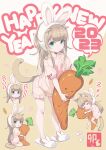  1girl 2023 40hara :o animal_ears animal_slippers bangs blonde_hair blunt_bangs bow bunny_slippers carrot cat_ears cat_girl cat_tail commentary_request english_text fake_animal_ears frilled_shorts frills green_eyes happy_new_year headband highres holding holding_stuffed_toy hug kinako_(40hara) logo long_hair looking_at_viewer object_hug original pajamas pink_pajamas pink_shirt pink_shorts puffy_short_sleeves puffy_sleeves rabbit_ears red_bow shirt short_sleeves shorts simple_background sleeping slippers smile solo stuffed_carrot stuffed_toy tail white_background yellow_background zzz 