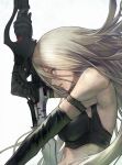  1girl absurdres black_gloves crop_top elbow_gloves from_side gloves grey_hair highres holding holding_sword holding_weapon joints long_hair looking_at_viewer mole mole_under_mouth nier_(series) nier_automata open_mouth robot_joints simple_background sword weapon yasu_(segawahiroyasu) yorha_type_a_no._2 