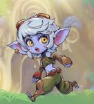  1girl :o bangs bare_shoulders brown_pants day explosive fang fingerless_gloves from_side gloves goggles goggles_on_head grass grenade grey_hair league_of_legends navel outdoors pants phantom_ix_row pointy_ears running solo stomach sunlight teeth tongue tristana upper_teeth_only yellow_eyes yordle 