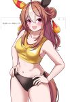  1girl ahoge alternate_costume animal_ears blush breasts commentary_request copano_rickey_(umamusume) double_bun fang hair_bun herohero_(higashi_no_dou) highres horse_ears horse_tail looking_at_viewer medium_breasts medium_hair navel open_mouth panties purple_eyes simple_background solo sports_bra tail translation_request umamusume underwear white_background 