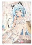  1girl absurdres animal_ear_fluff animal_ears bangs bare_arms bare_shoulders blue_eyes blue_hair blue_nails blush bow bow_bra bow_panties bra breasts cat_ears cat_girl cat_tail closed_mouth collarbone fishnets garter_belt hair_between_eyes hand_up head_tilt highres long_hair looking_at_viewer nail_polish navel non-web_source original panties saeki_sora small_breasts smile solo tail thigh_gap thighhighs two_side_up underwear underwear_only very_long_hair white_bra white_panties 