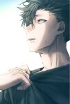  1boy bangs black_eyes black_hair black_shirt clothes_pull haikyuu!! kuroo_tetsurou looking_up namo open_mouth shirt short_hair simple_background solo sweat sweatdrop teeth upper_teeth_only 