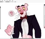  1boy ? animal_ears black_jacket body_fur bow bowtie closed_mouth daga_(hexedcoin) dress_shirt jacket male_focus open_clothes open_jacket panther_boy panther_ears pointing pointing_at_self red_bow red_bowtie red_nose shirt solo speech_bubble the_pink_panther the_pink_panther_(character) unfinished upper_body white_shirt 