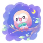  bird black_eyes blush branch bright_pupils commentary_request crescent_moon leaf looking_at_viewer moon night no_humans open_mouth outdoors owl pokemon pokemon_(creature) putto rowlet sky solo tongue white_pupils 