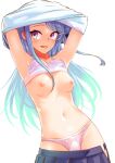  1girl aqua_hair arms_up asava_(hutaitenn) blue_hair blue_skirt blush bra breasts clothes_lift commentary_request gradient_hair highres kantai_collection long_hair multicolored_hair nipples open_mouth panties pleated_skirt purple_bra purple_eyes purple_panties sagiri_(kancolle) shirt_lift simple_background skirt small_breasts solo underwear undressing white_background 