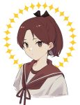  1girl brown_eyes brown_hair brown_sailor_collar closed_mouth ichiroku_(sakumogu-029) kantai_collection medium_hair ponytail portrait sailor_collar school_uniform serafuku shikinami_(kancolle) signature solo white_background 