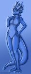  anthro blue_body claws dungeons_and_dragons female fin genitals hasbro hi_res horn kobold monochrome primeofevil solo tail tanith_starfae wizards_of_the_coast 