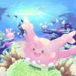  :d brown_eyes chinchou commentary_request coral corsola finneon fish happy highres lanturn light_rays lumineon luvdisc no_humans open_mouth pokemon pokemon_(creature) putto shellos shellos_(east) smile tongue underwater 