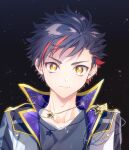  1boy bangs black_background black_hair black_shirt closed_eyes ensemble_stars! glowing high_collar highres jacket jewelry multicolored_hair nagumo_tetora namo necklace open_clothes open_jacket red_hair shirt short_hair solo star_(symbol) star_necklace streaked_hair yellow_eyes 