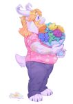  1boy absurdres animal_ears animal_feet animal_hands arm_hair asriel_dreemurr bangs barefoot beard black_pants blonde_hair blue_eyes blue_flower body_fur bouquet broken_egg claws closed_mouth commentary deltarune egg english_commentary facial_hair fat fat_man feet floral_print flower from_side full_body furry furry_male goat_boy goat_ears goat_horns goat_tail green_flower highres holding holding_bouquet horns inuki_(aruurara) looking_up male_focus medium_hair orange_flower pants pawpads pink_shirt pocket profile purple_flower shiny shiny_hair shirt short_sleeves sidelocks simple_background snout solo standing white_background white_fur white_horns yellow_flower 