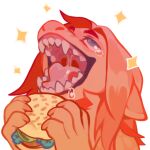  1:1 alpha_channel anthro blue_eyes bodily_fluids burger bust_portrait corzh77 crying ears_back eye_roll female food fur hair holding_burger holding_food holding_object looking_up open_mouth orange_body orange_fur orange_hair orange_theme pivoted_ears portrait red_hair restricted_palette saliva saliva_string simple_background solo sparkles tears tears_of_joy tongue transparent_background unsigned 