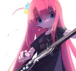  1girl bangs black_shirt blue_eyes bocchi_the_rock! closed_mouth cube_hair_ornament electric_guitar gibson_les_paul gotou_hitori guitar hair_between_eyes hair_ornament holding holding_instrument holding_plectrum instrument long_hair looking_down music natsu-no-kamisama one_side_up pink_hair playing_instrument plectrum shirt short_sleeves simple_background solo sweatdrop t-shirt upper_body white_background 