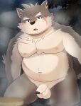  anthro balls belly brown_body brown_fur canid canine canis domestic_dog foreskin fur genitals half-closed_eyes hi_res humanoid lifewonders male mammal moritaka mostly_nude narrowed_eyes overweight penis slightly_chubby solo tokyo_afterschool_summoners zuboboz 