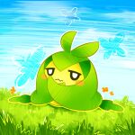  black_eyes blush_stickers bright_pupils closed_mouth commentary_request day flower full_body grass highres jitome looking_at_viewer no_humans orange_flower outdoors pokemon pokemon_(creature) putto solo swadloon wavy_mouth white_pupils 