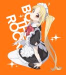  1girl ahoge apron bangs black_dress blonde_hair blush bocchi_the_rock! bow copyright_name dress frills highres ijichi_nijika long_hair looking_at_viewer machi_(wm) maid maid_apron maid_headdress official_alternate_costume open_mouth orange_background pantyhose puffy_short_sleeves puffy_sleeves red_eyes shoes short_sleeves side_ponytail sidelocks simple_background sitting solo sparkle very_long_hair wrist_cuffs 