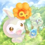 :d :o blush brown_eyes bush castform castform_(normal) castform_(rainy) castform_(snowy) castform_(sunny) closed_mouth commentary_request day grass no_humans open_mouth outdoors pokemon pokemon_(creature) putto smile tree 