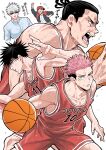  1girl 4boys backwards_hat basketball basketball_uniform black_eyes black_hair closed_mouth collarbone collared_shirt cowboy_shot fushiguro_megumi gojou_satoru hat highres ico_(mori) itadori_yuuji jacket jujutsu_kaisen kugisaki_nobara multiple_boys open_mouth pink_hair red_headwear red_shorts red_tank_top shirt shorts simple_background slam_dunk_(series) sleeveless sportswear standing sunglasses sweat tank_top toudou_aoi_(jujutsu_kaisen) translation_request white_background white_hair white_shirt yellow_eyes 