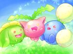  :d blush commentary_request evolutionary_line happy hoppip jumpluff looking_at_viewer no_humans open_mouth orange_eyes pokemon pokemon_(creature) putto skiploom smile tongue yellow_eyes 