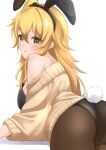  1girl :o absurdres ahoge animal_ears ass b1ack_illust black_leotard black_pantyhose blonde_hair blush fake_animal_ears green_eyes highres hoshii_miki idolmaster idolmaster_(classic) idolmaster_million_live! leaning_forward leotard looking_at_viewer looking_back off-shoulder_sweater off_shoulder pantyhose playboy_bunny rabbit_ears rabbit_tail simple_background single_bare_shoulder solo sweater tail white_background 