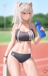 1girl animal_ears bare_arms bare_shoulders black_sports_bra blurry blurry_background blush bottle breasts buruma cleavage closed_mouth collarbone cowboy_shot crop_top grey_eyes grey_hair highres holding holding_bottle holding_towel hololive large_breasts long_hair looking_to_the_side navel outdoors ponytail shishiro_botan smile solo sports_bra sportswear stomach sweat thighs towel virtual_youtuber water_bottle wei_xiao wet 