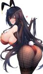  1girl animal_ears arched_back azur_lane black_hair black_thighhighs breasts fishnet_pantyhose fishnets from_behind highres holding holding_hair large_breasts leaning_over licking_lips long_hair looking_at_viewer nakatama_kyou pantyhose playboy_bunny rabbit_ears rabbit_tail red_eyes see-through see-through_legwear sideboob simple_background solo taihou_(azur_lane) tail thighhighs tongue tongue_out very_long_hair white_background 