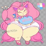  anthro big_breasts blush bottomwear breasts cellphone clothed clothing ear_piercing eyes_closed female footwear generation_3_pokemon hair hi_res high_heels holding_object holding_phone huge_thighs hyper hyper_hips hyper_thighs moonraige nintendo open_mouth phone piercing pigtails pink_hair pokemon pokemon_(species) shirt shorts skitty solo thick_thighs thong topwear underwear white_body wide_hips 