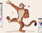  1boy animal_ears arm_up bangs closed_mouth daga_(hexedcoin) foot_up full_body furry furry_male jewelry looking_at_viewer male_focus necklace smile solo standing star_(symbol) tail tiger_boy tiger_ears tiger_tail tigger winnie_the_pooh 