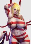  1girl blonde_hair blue_eyes blue_nails breasts cleavage highres huge_breasts looking_at_viewer metroid mole mole_under_mouth navel ponytail red_lips ribbon samus_aran underboob white_background xuuikie_ashe 