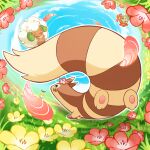  :d bellossom brown_eyes commentary_request day flower furret grass green_eyes highres no_humans open_mouth outdoors petilil pink_flower pokemon pokemon_(creature) putto smile tongue whimsicott yellow_flower 