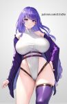  1girl alternate_costume aztodio bangs bare_shoulders blush breasts closed_mouth commentary english_commentary genshin_impact grey_background hand_on_hip highleg highleg_leotard large_breasts leotard leotard_sweater long_hair long_sleeves looking_at_viewer off_shoulder patreon_username purple_eyes purple_hair purple_thighhighs raiden_shogun single_thighhigh solo thighhighs thighs web_address white_leotard 