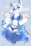  1girl :&lt; animal_ears animal_hands animal_nose artist_name bangs bare_shoulders blue_background blue_bra blue_eyes blue_panties blue_thighhighs body_fur bra breasts claws cleavage closed_mouth commentary_request crescent frills furry furry_female garter_belt gold_trim grey_fur grey_hair hands_up knees_together_feet_apart leopard_ears leopard_girl leopard_tail looking_at_viewer medium_breasts multicolored_fur multicolored_hair navel original panties pawpads see-through see-through_legwear signature solo spotted_fur star_(symbol) stomach tai_tai_kun tail thighhighs translation_request twitter_username underwear underwear_only watermark white_fur white_hair 