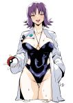  1girl bangs breasts brown_eyes cleavage club3 collarbone commentary_request hand_in_pocket highleg highleg_swimsuit highres holding jewelry labcoat large_breasts lips long_hair long_sleeves looking_at_viewer necklace open_mouth philena_ivy poke_ball pokemon pokemon_(anime) pokemon_(classic_anime) purple_hair shiny shiny_hair simple_background solo swimsuit teeth thighs upper_teeth_only water water_drop wet white_background 