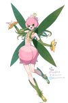  1girl :d arm_up artist_name bangs bare_shoulders boots detached_sleeves digimon digimon_(creature) dress flower_hat green_eyes green_footwear green_sleeves highres knee_boots lillymon open_mouth pink_dress pink_headwear smile solo tentacle_hair translation_request twitter_logo wings youzaiyouzai112 
