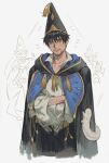  1boy arm_hair bangs black_hair blue_eyes brushbug cape closed_mouth collared_shirt crossed_arms facial_hair hat highres hood hood_down long_sleeves male_focus olruggio_(tongari_boushi_no_atelier) pointy_hat shirt short_hair sol_halite solo tongari_boushi_no_atelier white_background white_shirt wizard_hat 