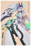  1girl absurdres android blank_stare blonde_hair blue_eyes blue_halo bow breasts detached_sleeves doll_joints dragalia_lost dress eirene_(dragalia_lost) floating floating_armor floating_object foreshortening futuristic_weapon gradient_hair green_hair grey_dress gun highres holding holding_weapon horns joints marking_on_cheek mechanical_horns medium_breasts multicolored_eyes multicolored_hair pink_eyes railgun scarf science_fiction sitting weapon 