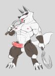  anthro black_sclera bodily_fluids canid canine canis death_(puss_in_boots) dripping erection genital_fluids hi_res hupi1008 licking male mammal muscular muscular_male nipples pink_nipples precum precum_drip red_eyes solo tongue tongue_out wolf wristband 