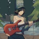  1girl bass_guitar black_hair breasts camisole chainsaw_man forest grey_jacket highres himeno_(chainsaw_man) holding holding_instrument instrument jacket large_breasts liowig looking_at_viewer midriff_peek nature oversized_hat pine_tree short_hair smile solo tree white_camisole 