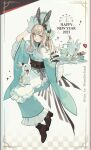  1girl 2023 absurdres akakura alice_(alice_in_wonderland) alice_in_wonderland analog_stopwatch animal_ears apron aqua_eyes aqua_headwear aqua_kimono belt blonde_hair bonnet boots brown_footwear checkerboard_cookie chinese_zodiac cookie copyright_name cup english_text food frilled_apron frilled_sleeves frills gloves hairband hands_up happy_new_year headdress highres holding holding_tray japanese_clothes kimono lolita_fashion looking_at_viewer medium_hair obi open_mouth original plate rabbit rabbit_ears ribbon sash saucer shoes signature simple_background spoon teacup teapot teaspoon tray waist_apron white_gloves white_rabbit_(animal) wide_sleeves year_of_the_rabbit 