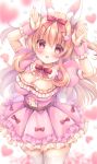  1girl :d animal_ear_fluff animal_ears arms_up bangs blurry blurry_background blush bow breasts brown_hair chinese_zodiac cleavage commentary_request depth_of_field dress frilled_dress frills hair_between_eyes hair_bow hair_ornament heart highres kouta. looking_at_viewer medium_breasts original pink_dress pleated_dress puffy_short_sleeves puffy_sleeves rabbit_ears rabbit_girl rabbit_hair_ornament rabbit_tail red_bow red_eyes short_sleeves smile solo tail thighhighs white_background white_thighhighs wrist_cuffs year_of_the_rabbit 