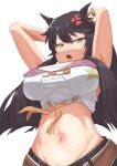  1girl absurdres animal_ears arms_behind_head arms_up bandages bangs black_hair breasts chest_sarashi commentary_request crop_top fudji_(fuz_i_llust) highres horse_ears large_breasts long_hair looking_at_viewer midriff narita_brian_(umamusume) navel open_mouth sarashi simple_background solo star_(symbol) stomach umamusume upper_body very_long_hair white_background yellow_eyes 