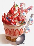  :d blue_eyes blueberry commentary_request cup dessert food fruit happy highres holding holding_food holding_fruit kuchiba_(jret2454) no_humans open_mouth pokemon pokemon_(creature) smile solo spoon strawberry sylveon tongue 