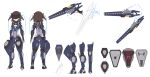  1girl armored_boots arrow_(symbol) ass bare_shoulders black_gloves black_thighhighs blue_footwear blue_leotard boots brown_hair cleavage_cutout clothing_cutout copyright_request covered_navel eye_mask gloves heijialan highres leotard mecha_musume multiple_views official_art purple_eyes reference_sheet simple_background thigh_boots thighhighs white_background 