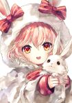  1girl :d absurdres animal animal_ears bow highres holding holding_animal hood hood_up looking_at_viewer open_mouth original pink_hair rabbit rabbit_ears red_bow sanamisa simple_background smile solo teeth upper_body upper_teeth_only white_background yellow_eyes 