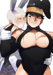  2boys animal_ears bara black_hair black_leotard blush bridal_gauntlets covered_nipples golden_kamuy hand_on_another&#039;s_hip hat holding_another&#039;s_wrist large_pectorals leotard looking_at_another male_focus military_hat multiple_boys muscular muscular_male onnomono pectorals rabbit_boy rabbit_ears scar scar_on_cheek scar_on_chest scar_on_face scar_on_mouth scar_on_nose shiraishi_yoshitake short_hair smile sugimoto_saichi yaoi 
