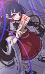  1girl absurdres bare_shoulders black_footwear black_hair bow brown_eyes closed_mouth detached_sleeves hair_bow hair_tubes hakurei_reimu highres holding japanese_clothes kame_(kamepan44231) long_hair navel nontraditional_miko ofuda red_bow red_skirt ribbon-trimmed_sleeves ribbon_trim shoes sidelocks skirt smile socks solo standing touhou white_sleeves white_socks wide_sleeves 