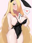  1girl :q animal_ears areola_slip arm_behind_back between_breasts black_leotard blonde_hair blush breasts cameltoe closed_mouth commentary_request cynthia_(pokemon) gatchan grey_eyes groin hair_over_one_eye heart highres large_breasts leotard licking_lips long_hair looking_at_viewer paper pokemon pokemon_(game) pokemon_dppt rabbit_ears solo spaghetti_strap spoken_heart tongue tongue_out very_long_hair 
