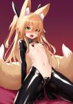  1girl animal_ear_fluff animal_ears black_footwear black_pantyhose blonde_hair blush breasts fang fox_ears fox_girl fox_tail green_eyes heart_pasties high_heels highres kneeling kokonoe_tsubaki long_hair long_sleeves looking_at_viewer meme_attire multiple_tails navel nose_blush open_mouth original pantyhose pasties reverse_bunnysuit reverse_outfit shiny shiny_clothes shrug_(clothing) small_breasts solo spread_legs stomach surprised tail two_side_up two_tails yoshizawa_tsubaki 