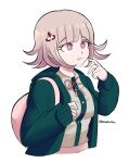  1girl artist_name backpack bag bangs blunt_bangs breasts brown_hair collared_shirt danganronpa_(series) danganronpa_2:_goodbye_despair dress_shirt flipped_hair galaga green_jacket grey_background gus_(emmarrgus) hair_ornament hands_up highres hood jacket large_breasts long_sleeves medium_hair nanami_chiaki neck_ribbon open_clothes open_jacket pink_bag pink_eyes pink_ribbon ribbon shiny shiny_hair shirt simple_background solo two-tone_shirt 